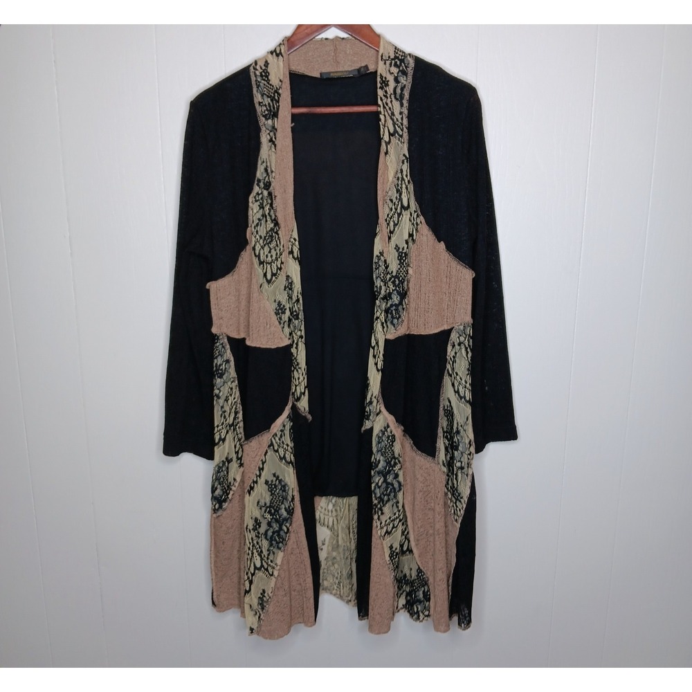 Radzoli Cardigan M Black Tan Cream Patchwork Open Front Artsy Boho Whimsigoth